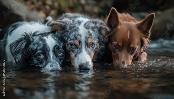 Fototapeta Three Dogs Drinking Water in a Stream