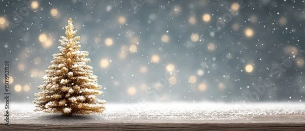 Fototapeta Small wooden Christmas tree with snow on rustic table and snowy bokeh background, winter holiday decor.