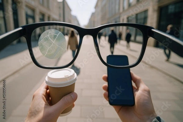 Fototapeta Augmented reality smart glasses displaying city map while walking with coffee and smartphone
