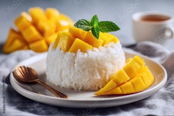 Obraz Coconut milk over sticky glutinous rice with ripe mango slices, a delicious and authentic mango sticky rice dessert from thailand