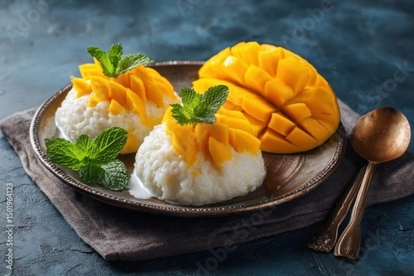 Obraz Sweet mango sticky rice thai dessert made with coconut cream and glutinous rice, topped with sesame seeds and served in plate on dark blue background with freshly sliced ripe mango