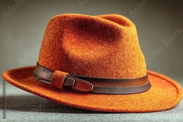 Obraz Orange fedora hat with a brown leather band sits on a gray surface, showcasing its vintage style and timeless appeal, evoking a sense of classic fashion and sophistication