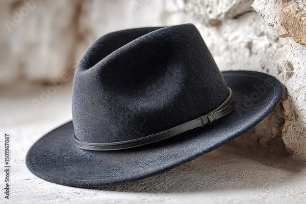 Obraz Stylish black fedora hat with a leather band is presented, showcasing its sophisticated design and quality craftsmanship, resting on a textured surface that complements its timeless appeal