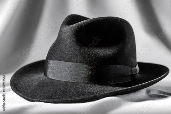 Obraz Classic black fedora hat with a black band sits on a draped piece of white silk cloth, creating a dramatic contrast in a black and white composition