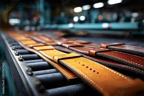 Obraz Rows of finished leather belts moving along a conveyor belt highlight the efficiency and precision of modern manufacturing in a belt factory
