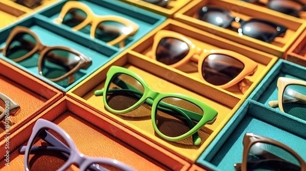 Obraz Colorful sunglasses filling a retail display case, offering a vibrant selection of trendy eyewear options. Shoppers browsing through various styles, including cat eye, aviator, and oversized frames