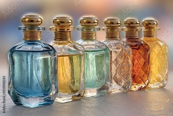 Obraz Six colorful perfume bottles with unique glass designs and gold-plated caps creating an appealing display, showcasing a variety of scents and styles for fragrance enthusiasts