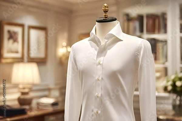 Obraz Elegant white shirt is displayed on a mannequin in an upscale boutique, showcasing fine tailoring and luxurious style in a sophisticated retail setting