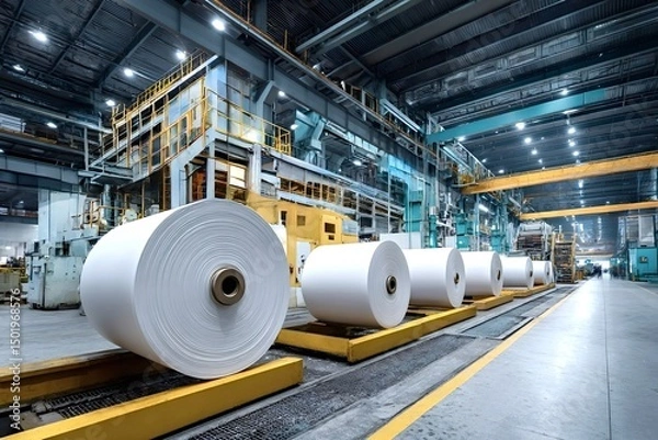 Obraz Large paper rolls undergoing processing in a modern paper mill, highlighting the intricacies of industrial production and the dynamic papermaking industry