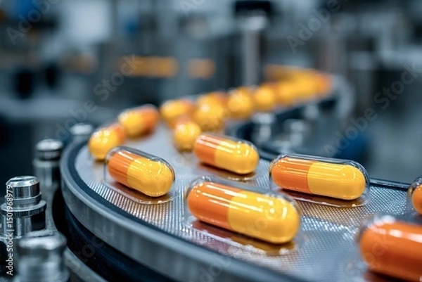 Obraz Pharmaceutical manufacturing line transporting orange and yellow capsules along a conveyor belt, representing the pharmaceutical industry, medicine production, and automated drug manufacturing