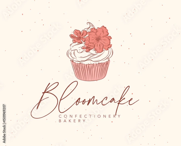 Obraz Bakery confectionery label design with lettering bloomcake drawing in floral style on beige background