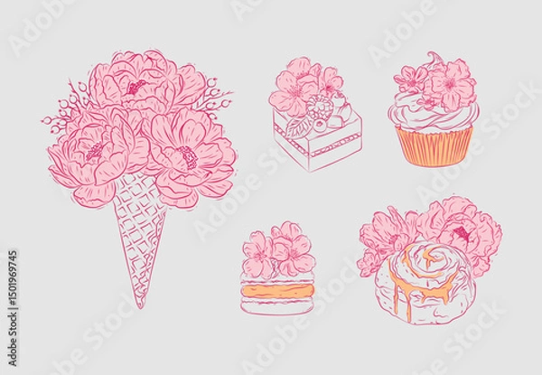 Obraz Bakery graphic illustrations ice cream, cupcake, macarons, cinnabon in floral style with flowers and petals drawing with pink on beige background
