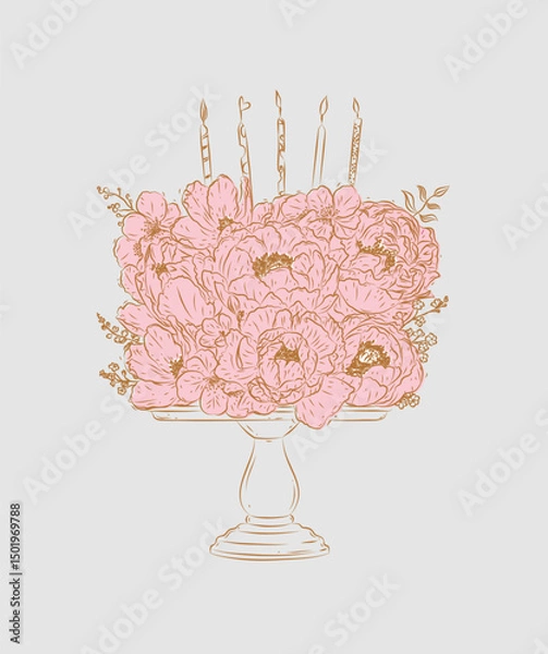 Obraz Cake on stand made with flowers and candles drawing in floral style on beige background