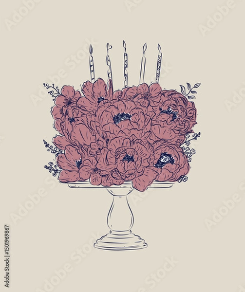 Obraz Cake on stand made with flowers and candles drawing in floral style with red and blue on beige background
