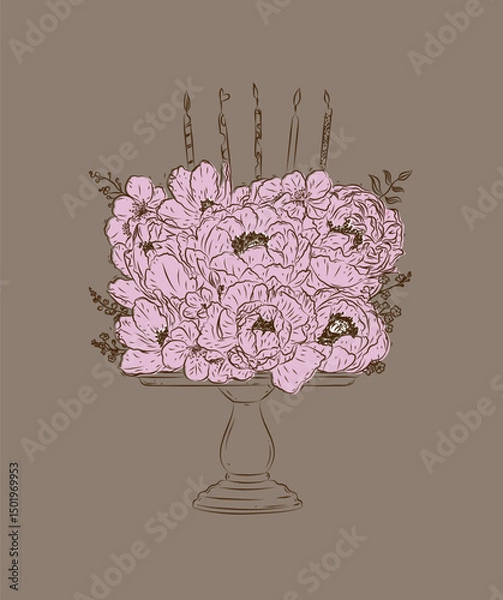 Obraz Cake on stand made with flowers and candles drawing in floral style with pink and brown on dark background