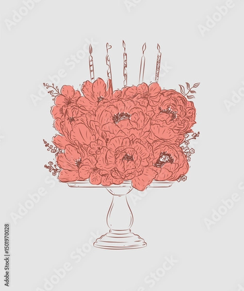 Obraz Cake on stand made with flowers and candles drawing in floral style with brown and pink on beige background