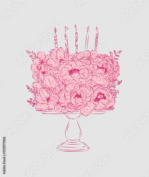 Obraz Cake on stand made with flowers and candles drawing in floral style with pink on beige background