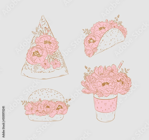 Obraz Food floral illustrations slice of pizza, taco, burger, take away coffee drawing in floral style with flowers and petals on beige background