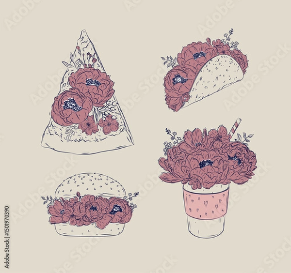 Obraz Food floral illustrations slice of pizza, taco, burger, take away coffee in floral style with flowers and petals drawing with blue and red on beige background