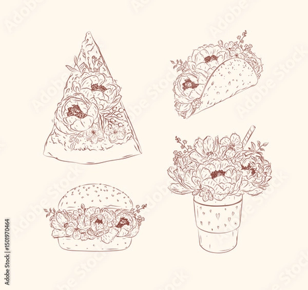 Obraz Food floral illustrations slice of pizza, taco, burger, take away coffee in floral style with flowers and petals drawing with brown on beige background