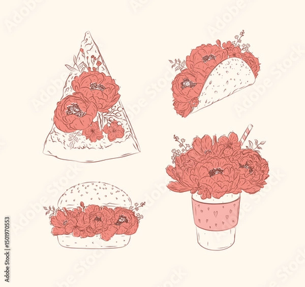 Obraz Food floral illustrations slice of pizza, taco, burger, take away coffee in floral style with flowers and petals drawing with coral and brown on beige background