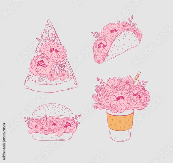Obraz Food floral illustrations slice of pizza, taco, burger, take away coffee in floral style with flowers and petals drawing with pink on beige background