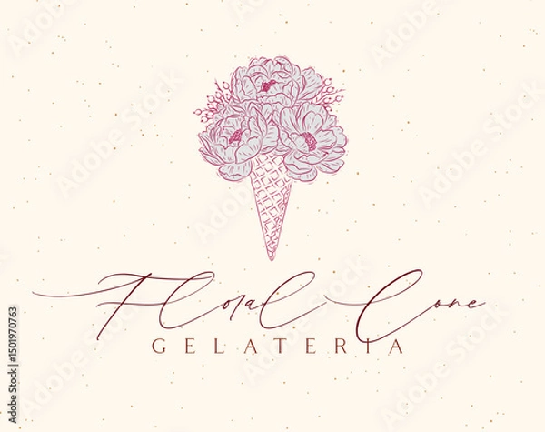 Obraz Gelateria label design with lettering floral cone drawing on beige background