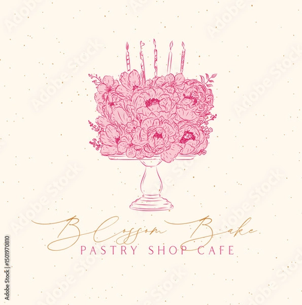 Obraz Pastry shop cafe label design with lettering floral cone drawing in floral style on beige background