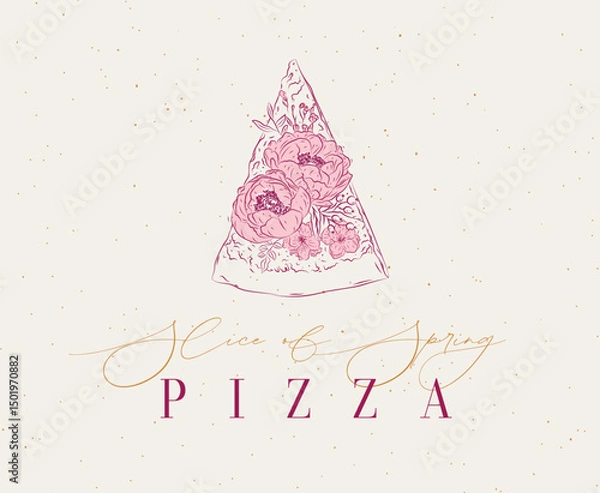 Obraz Pizza label design with lettering slice of spring drawing in floral style on beige background
