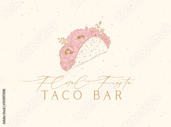Obraz Taco bar label design with lettering floral fiesta drawing on beige background