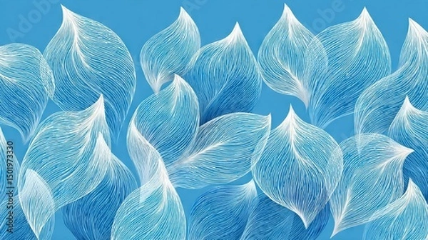Fototapeta   A close-up photo of a blue and white watercolor depicting various leaves against a blue backdrop