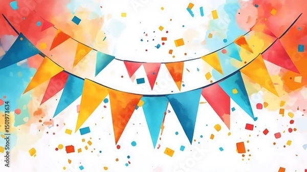 Fototapeta Colorful triangular pennants with confetti on a white background.