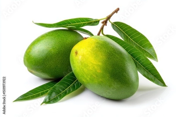 Obraz Whole green mango fruit with stem and leaves isolated on white, tropical raw mango ideal for natural food ads and diet projects