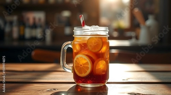 Fototapeta A refreshing cold glass of iced tea with lemon slices and a striped straw is sitting on a wooden table. Food concept