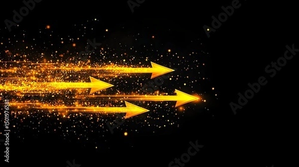 Fototapeta Three golden arrows streak across a dark background, trailing luminous particles and creating a sense of speed and dynamism