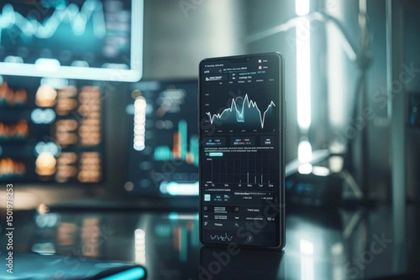 Obraz Cryptocurrency Trading App Interface with Holographic Buy Sell Displays and Portfolio Analytics