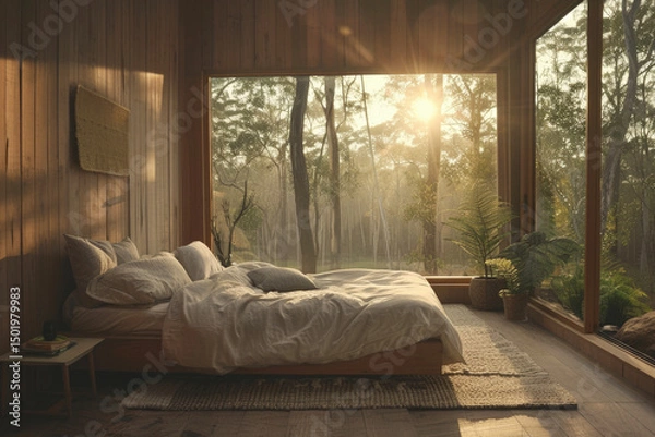 Obraz Bedroom with Nature Panoramic Window View of Forest Landscape and Earth-Toned Textiles