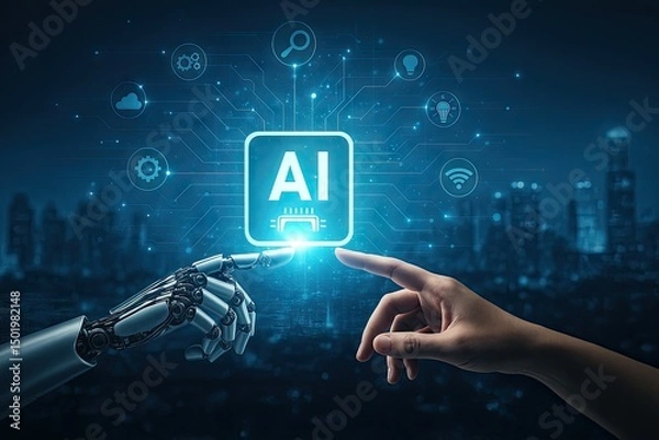 Fototapeta A conceptual visualization of AI interaction, featuring a robotic and human hand extending toward a luminous “AI” icon, with futuristic UI icons and a city at night.