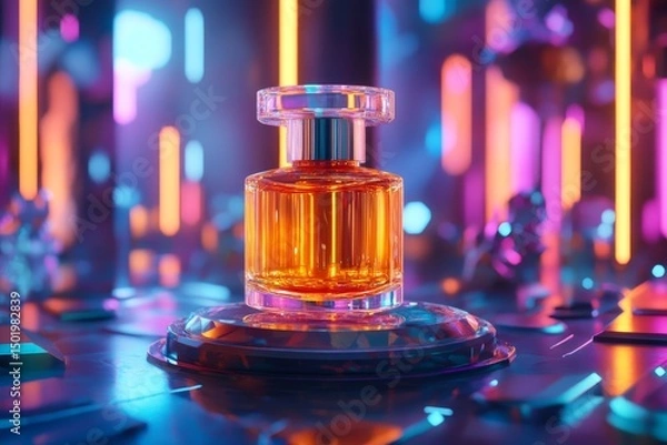 Obraz Orange perfume bottle on a reflective display platform.