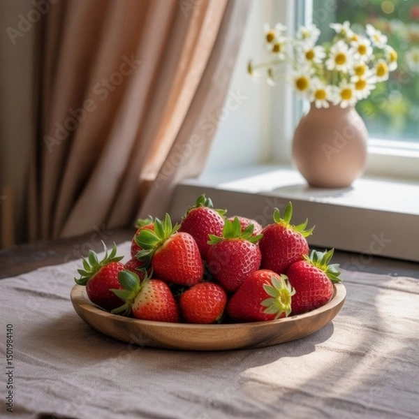 Fototapeta A wooden plate filled with fresh, ripe strawberries sits on a table near a window. Sunlight illuminates the scene, enhancing the vibrant red color of the strawberries.