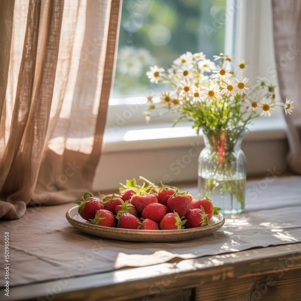 Fototapeta A plate of fresh red strawberries sits on a wooden table near a window. A vase with white flowers is also present, creating a bright and inviting atmosphere.