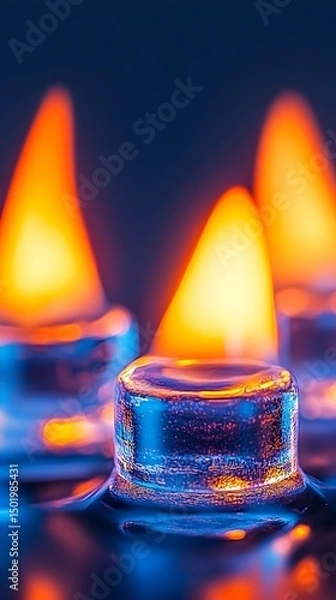 Obraz Close-up of three ice cubes, seemingly aflame with vibrant orange and yellow hues, reflecting on a dark, glossy surface
