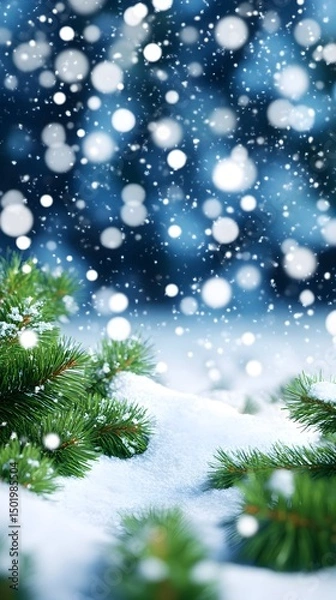 Obraz Evergreen branches peek from a snowdrift under a softly falling snow against a blurred blue background