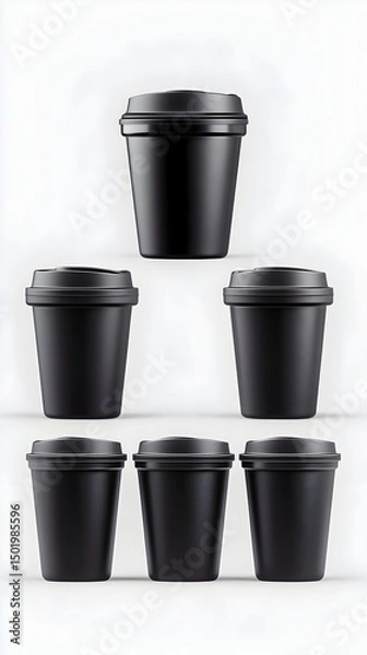 Obraz Five matte black disposable coffee cups arranged in a pyramid formation against a white backdrop