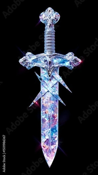 Obraz Iridescent crystal sword, double-crossed by smaller blades, set against a black background, glowing faintly