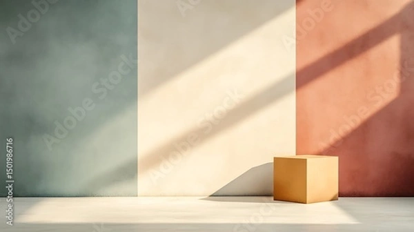 Fototapeta Empty display podium against a wall with contrasting colors.