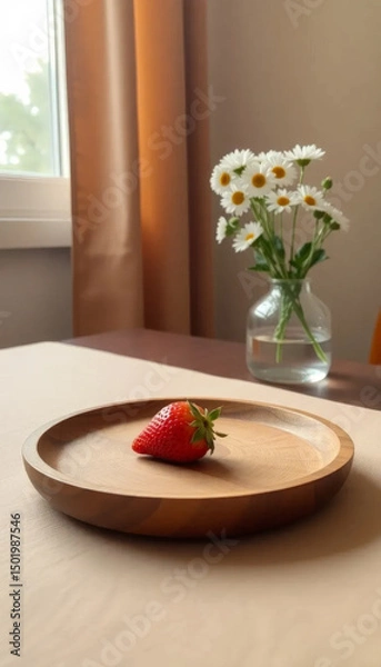 Fototapeta A single ripe strawberry rests on a wooden plate. A vase with white daisies is in the background. The setting is bright and minimalistic, with soft curtains.