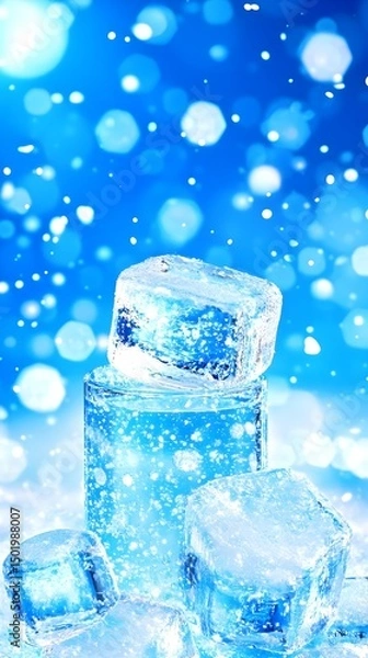 Obraz Stacked ice cubes on a snowy, bokeh-filled blue background