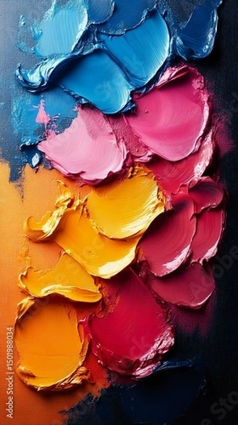 Fototapeta Vibrant oil paint strokes in a mix of blue, pink, yellow, and red creating an abstract artwork. Perfect for art enthusiasts and modern decor.