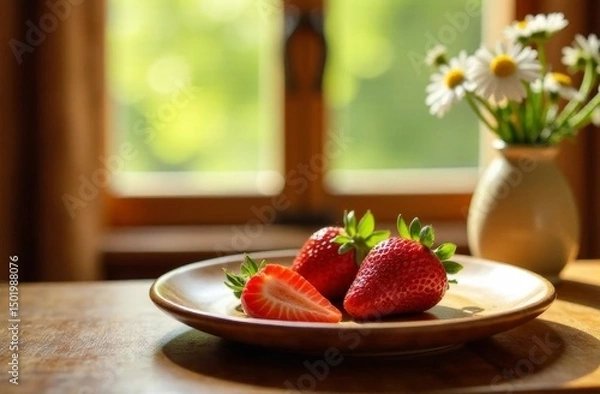 Fototapeta Fresh red strawberries on a wooden plate with a vase of daisies in the background. Natural light illuminates the scene, creating a warm atmosphere.